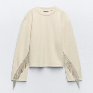 Zara Rhinestone Soft Knit Round Neck Sweater Ecru White  Size Medium NWT